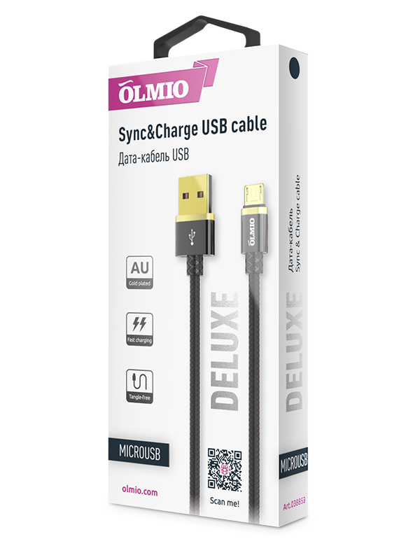 Кабель DELUXE, USB 2.0 - microUSB, 1м, 2.1A, черный, OLMIO на  