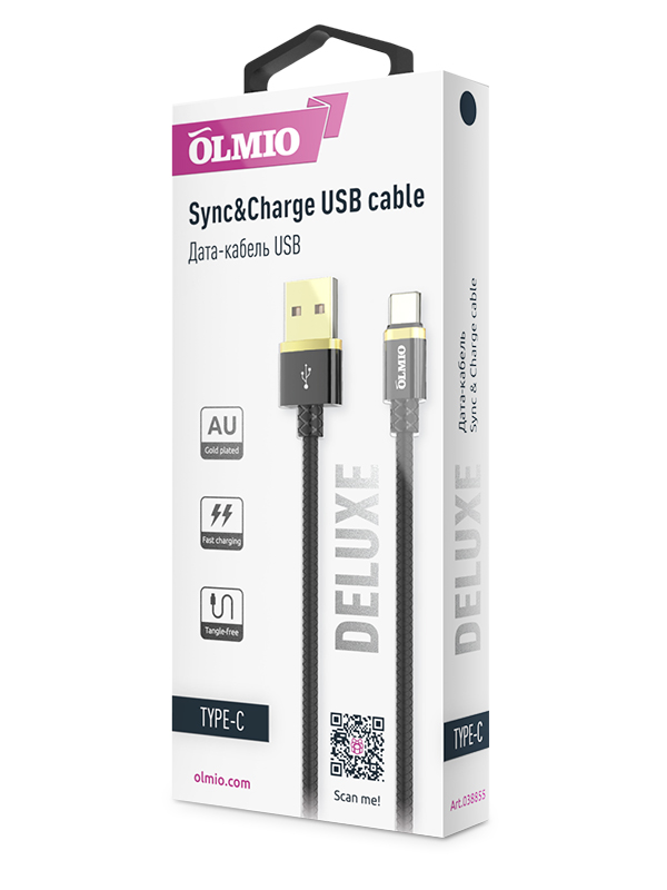 Кабель DELUXE, USB 2.0 - Type-C, 1м, 2.1A, черный, OLMIO на  