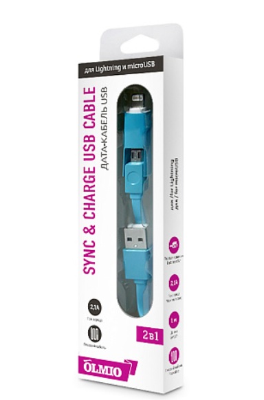 Кабель USB 2.0 - microUSB/Apple 8pin, 2-в-1, 1м, 2.1A, голубой, плоский, OLMIO на  