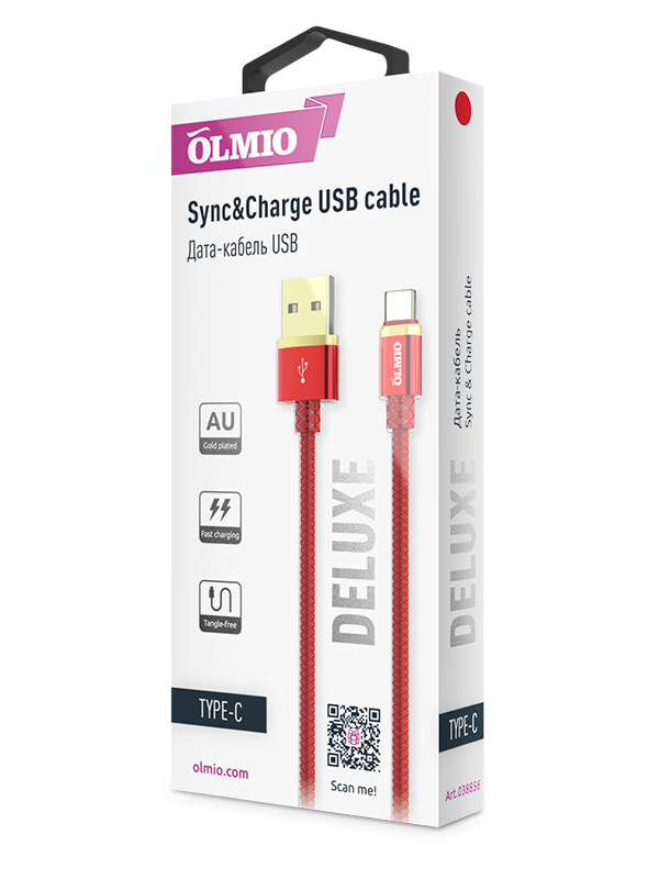 Кабель DELUXE, USB 2.0 - Type-C, 1м, 2.1A, красный, OLMIO на  