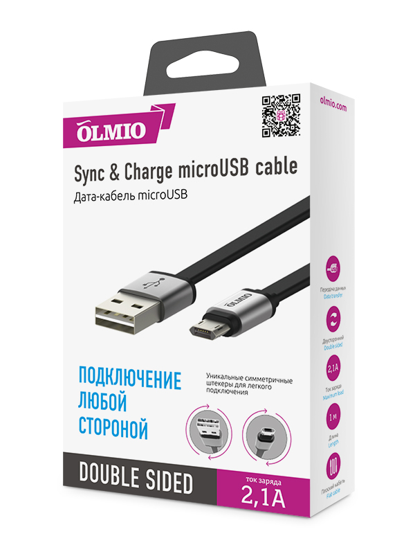 Кабель USB 2.0 - microUSB, 1м, 2.1А, двухсторонний, плоский, OLMIO на  