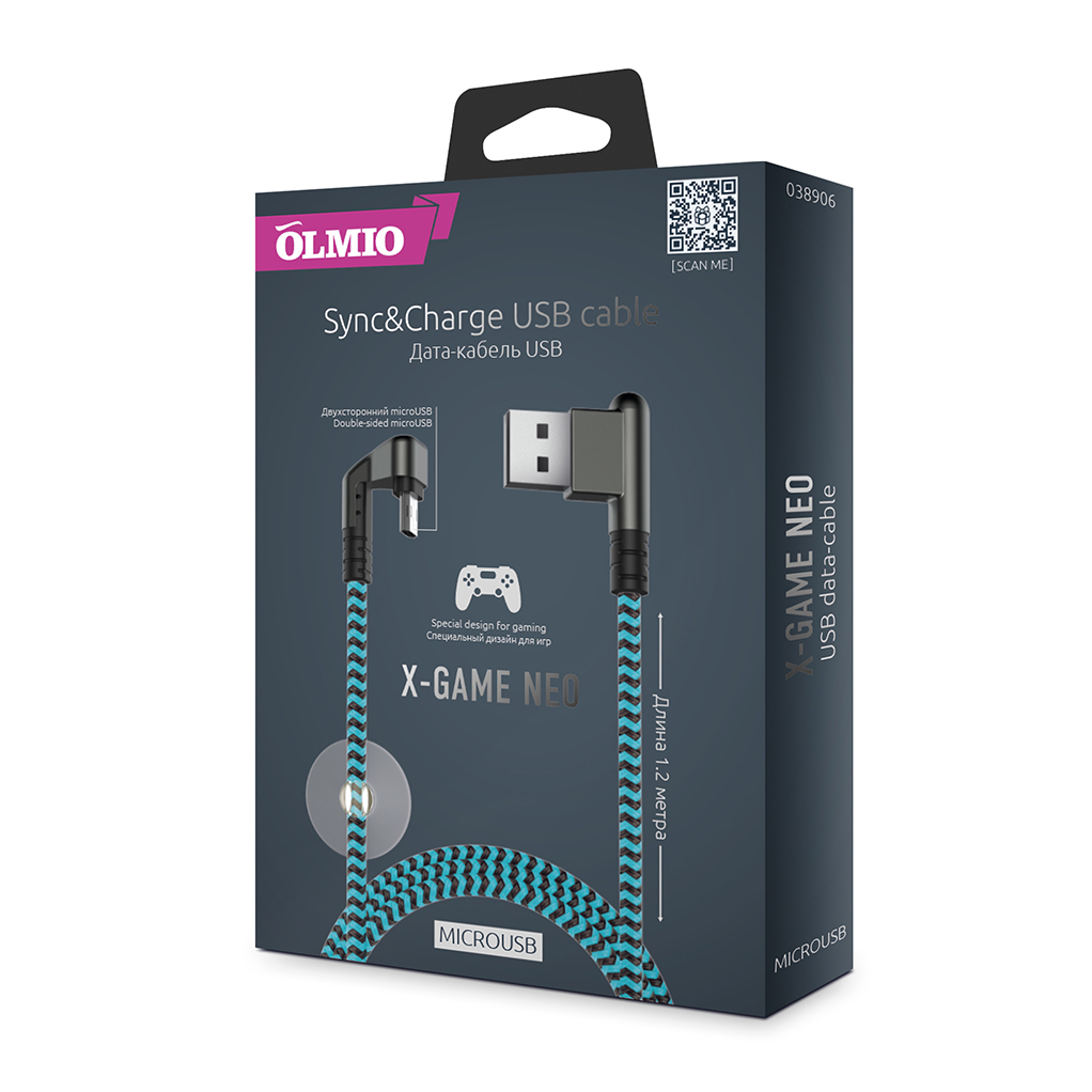 Кабель X-Game Neo USB 2.0 - microUSB, 1.2м, 2.1A, игровой, угловой USB (A), двухсторонний microUSB, OLMIO на  