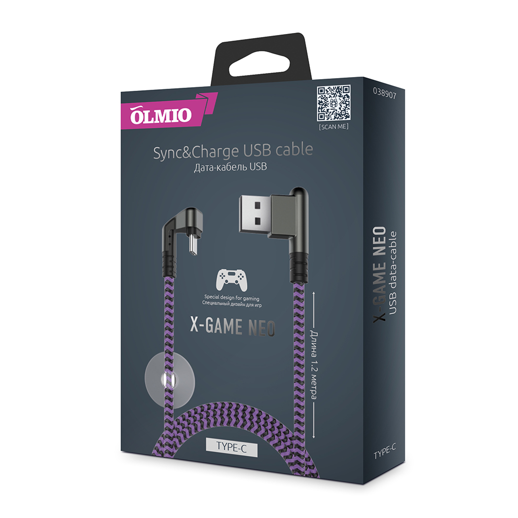 Кабель X-Game Neo USB 2.0 - Type-C, 1.2м, 2.1A, игровой, угловой USB (A), OLMIO на  