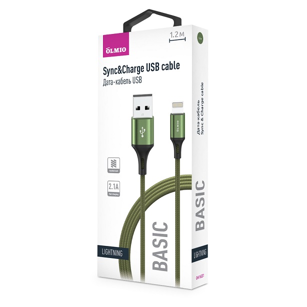Кабель BASIC, USB 2.0 - lightning, 1.2м, 2.1A, текстильная оплетка, зеленый, OLMIO на  
