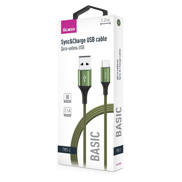 Кабель BASIC, USB 2.0 - Type-C, 1.2м, 2.1A, тканевая оплетка, зеленый, OLMIO на  