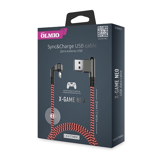 Кабель X-Game Neo USB 2.0 - Lightning, 1.2м, 2.1A, игровой, угловой USB (A), OLMIO на  