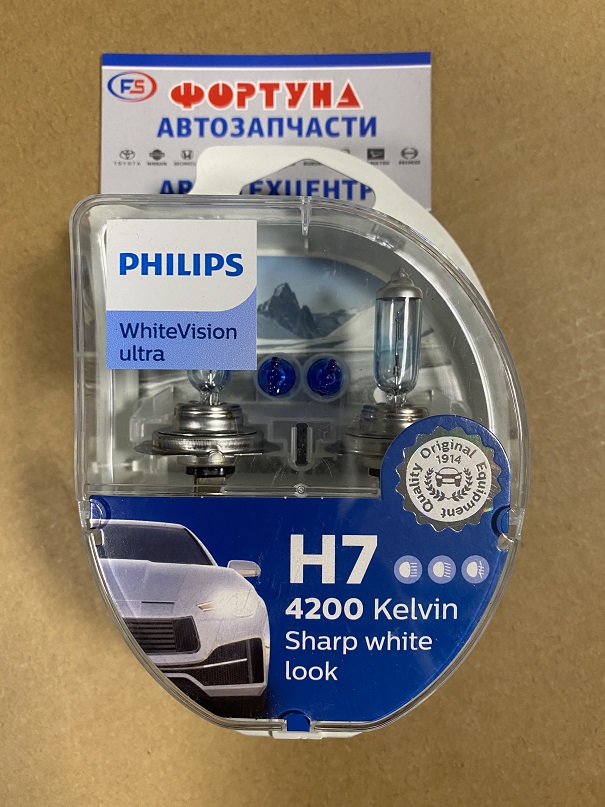 Лампочка Philips 12972WVUSM 12V H7 55W WhiteVision Ultra галогеновая, PX26d, блистер (комплект 2 шт) на  